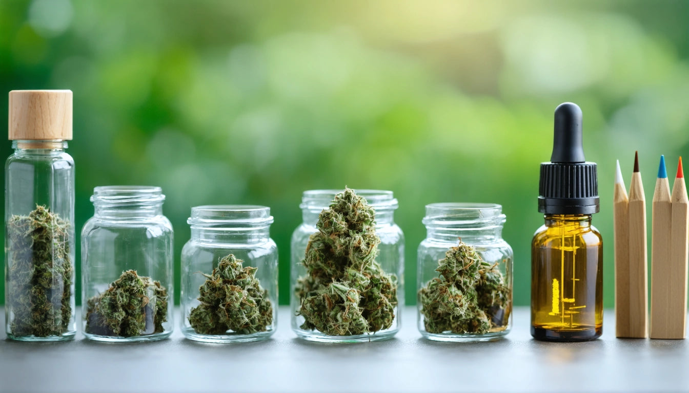 Glass jars filled with green buds, a brown dropper bottle, and colored pencils in a wooden holder on a table