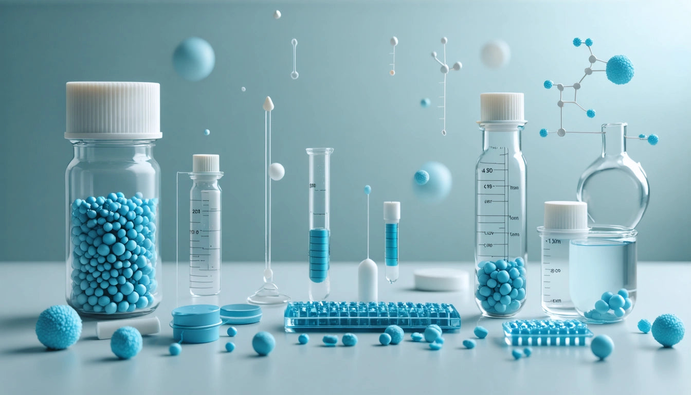 Various lab containers with blue spheres and liquid, including beakers, test tubes, and jars, on a light blue surface