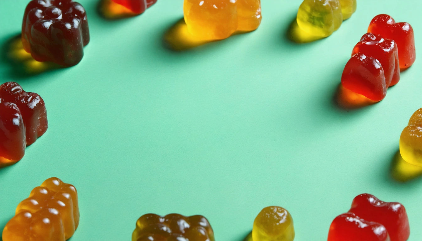 Colorful gummy bears arranged in a circle on a light green background