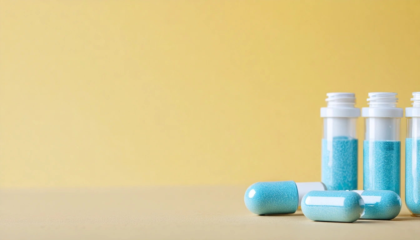Blue capsules and two open bottles on a light yellow surface with a yellow background