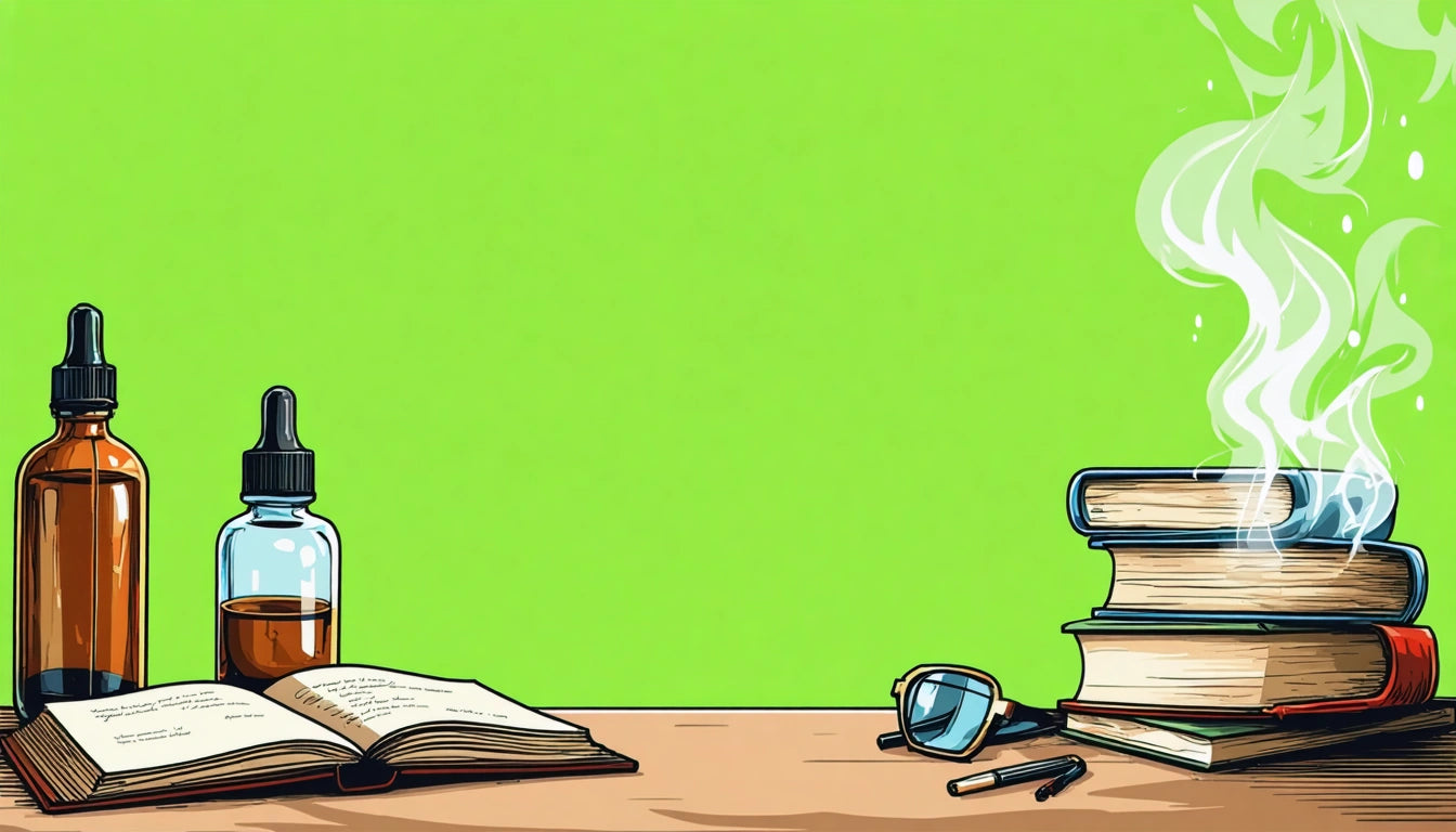 Open book and dropper bottle on left, stack of steaming books, glasses, and pens on right, against a bright green background