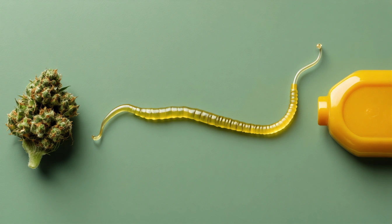 Yellow liquid squeezed from bottle, forming a wavy line towards a small green and brown plant on a green surface