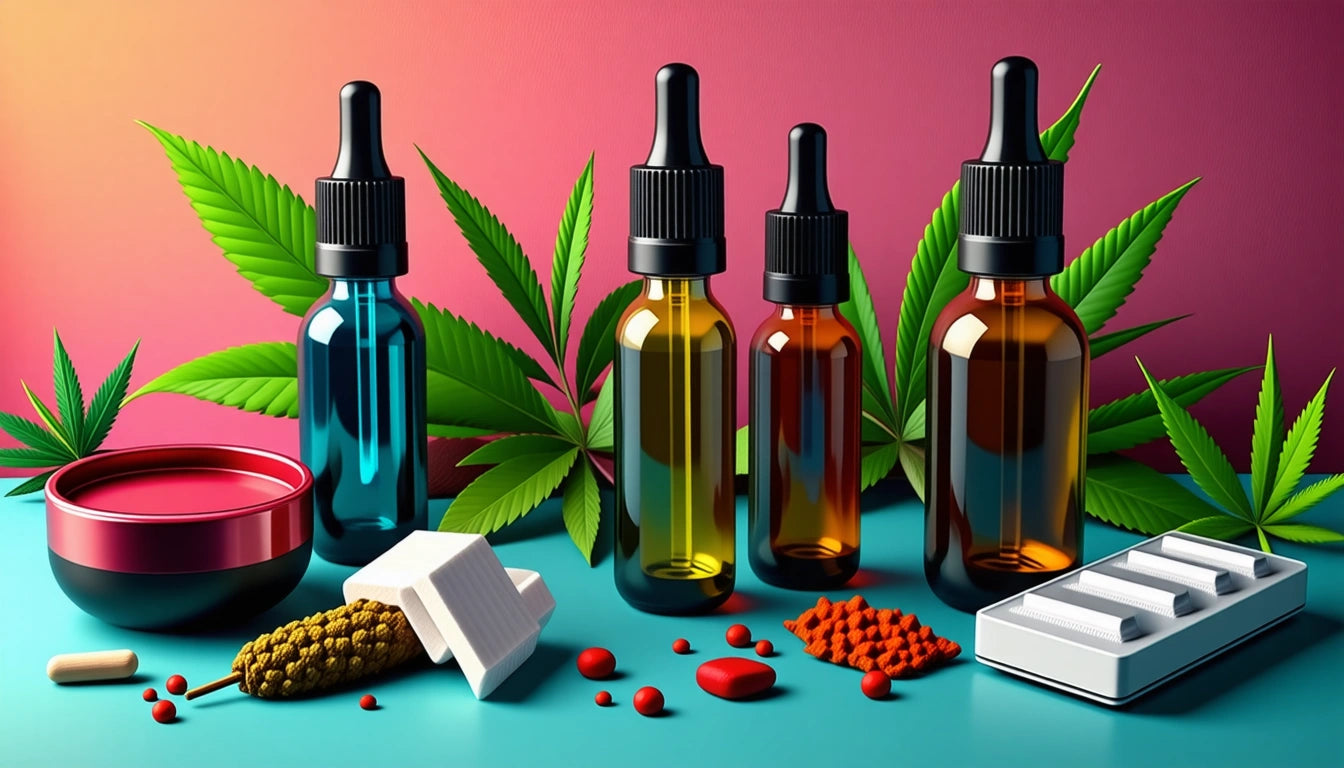 Five dropper bottles in various colors, cannabis leaves, pills, and a pill organizer on a blue surface with a pink background