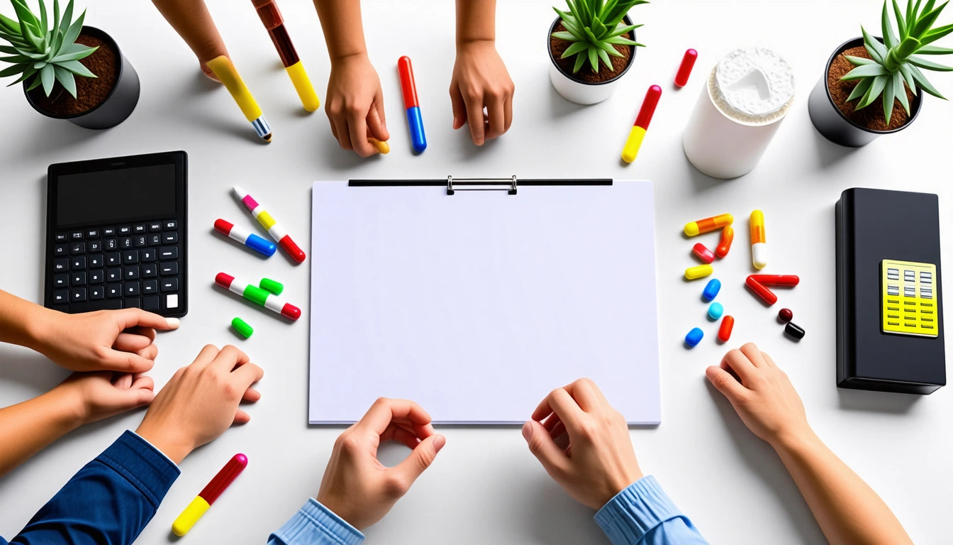 Hands reaching for colorful capsules on table with blank clipboard, calculator, plants, and a cup