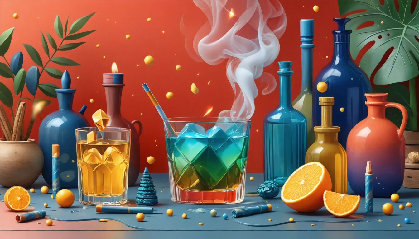 Colorful bottles and glasses on a table, with smoke rising from a blue-green drink. Orange slices and leaves scattered around
