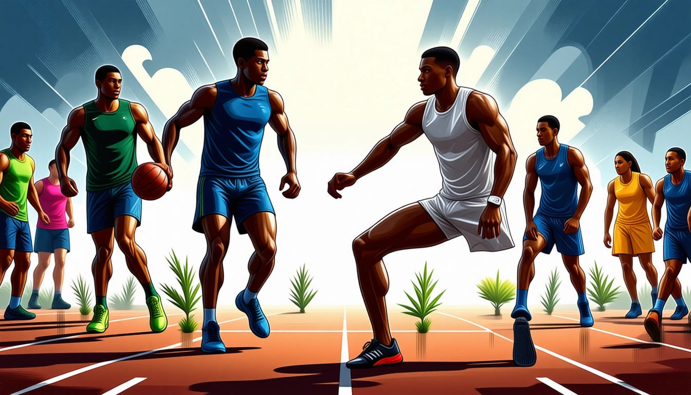 Athletes in colorful sportswear playing basketball on a court with dramatic lighting and plants in the background