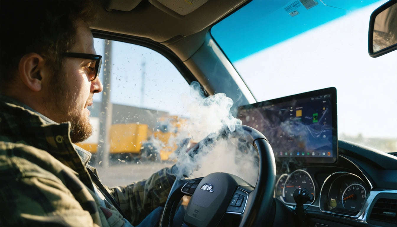 Man wearing sunglasses driving a car, smoke in the air, large digital screen on dashboard, bright sunlight through windows