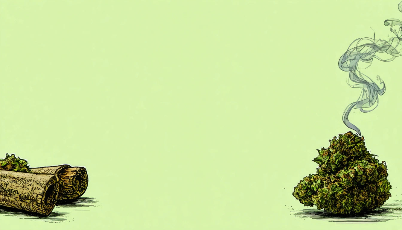 Rolled paper with green herbs on left, small pile of herbs with smoke rising on right, light green background