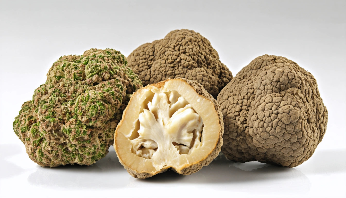 Four truffles on a white surface, one cut open showing a creamy interior, others with rough, textured brown and green exteriors