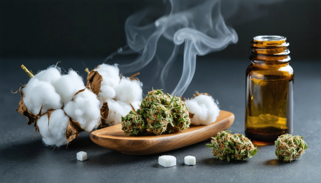 Cotton bolls, cannabis buds on wooden dish, amber bottle, smoke rising, sugar cubes scattered on dark surface