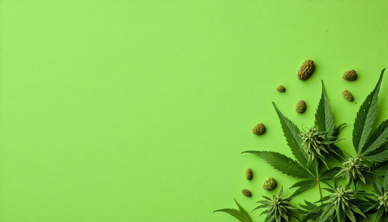 Green leaves and small brown buds arranged on a bright green background, occupying the lower right corner