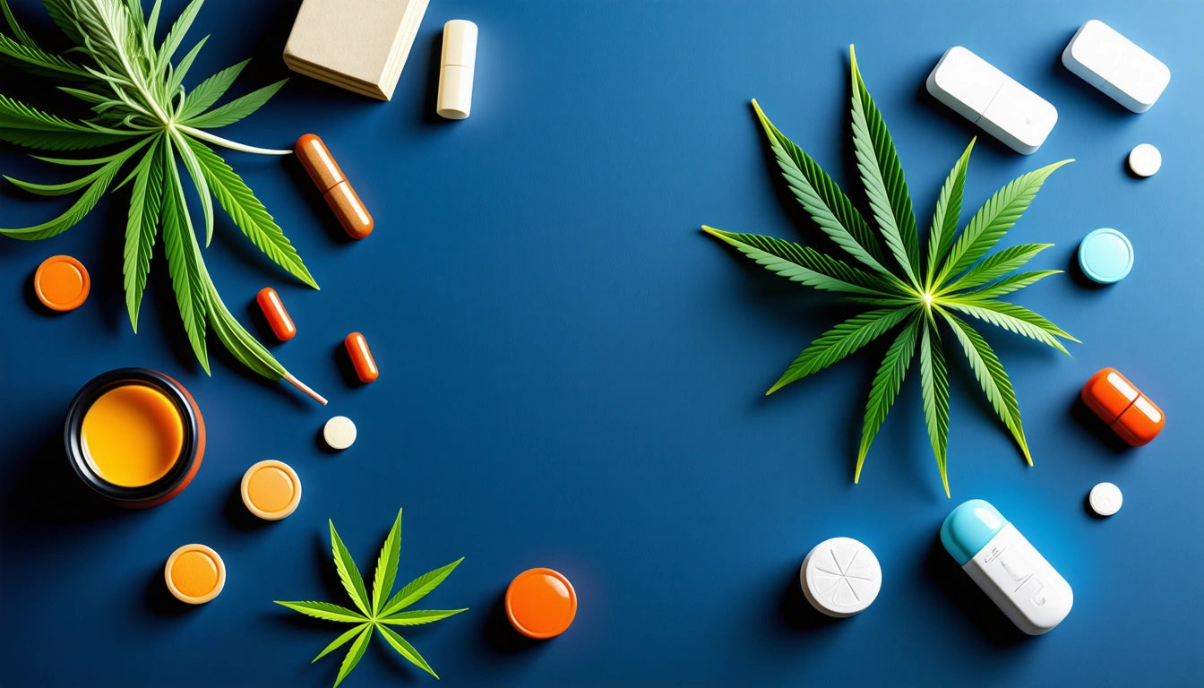 Green cannabis leaves, assorted pills, capsules, and containers scattered on a blue surface