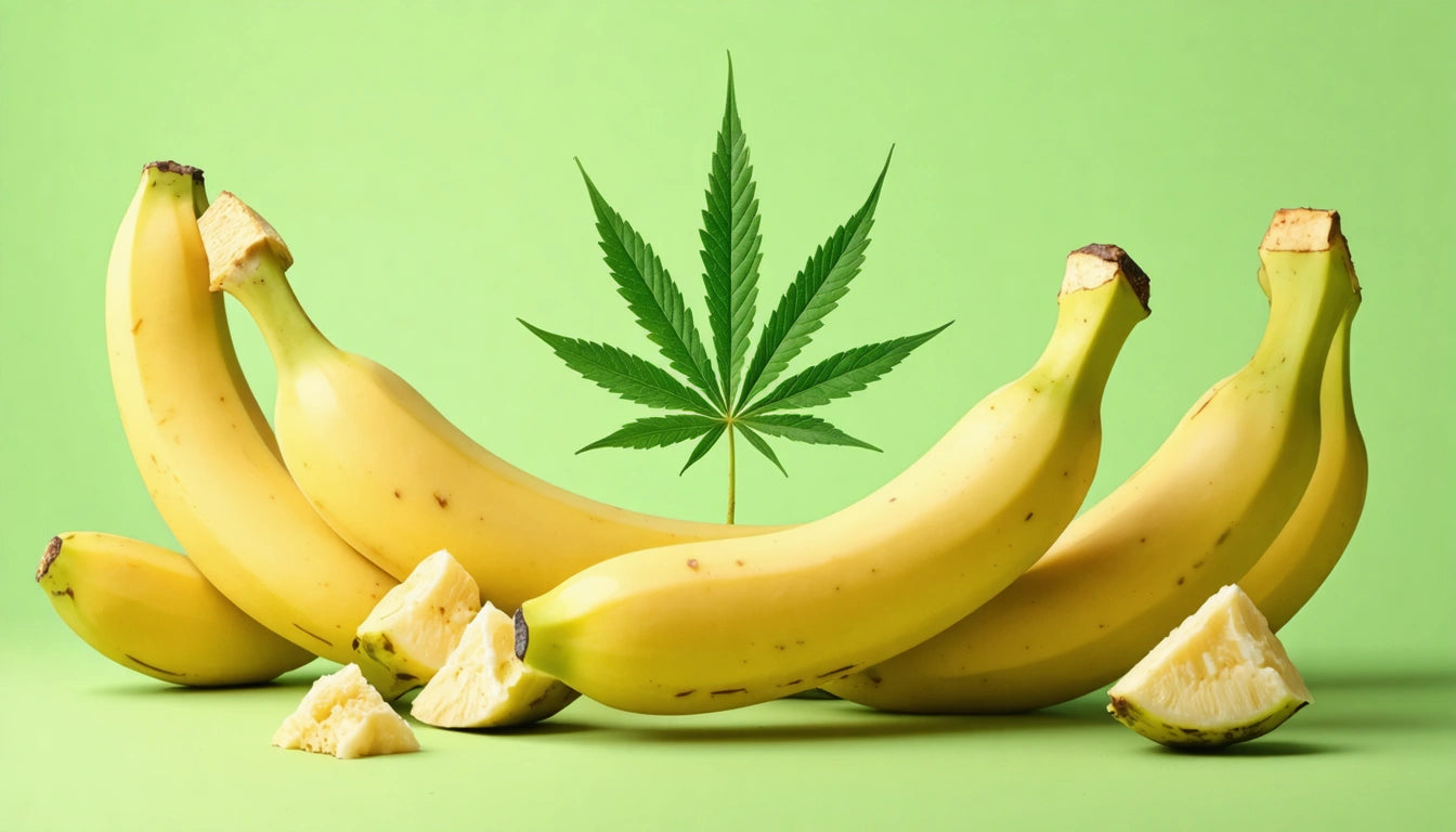 Bananas and pineapple pieces on green background with a large green leaf behind them