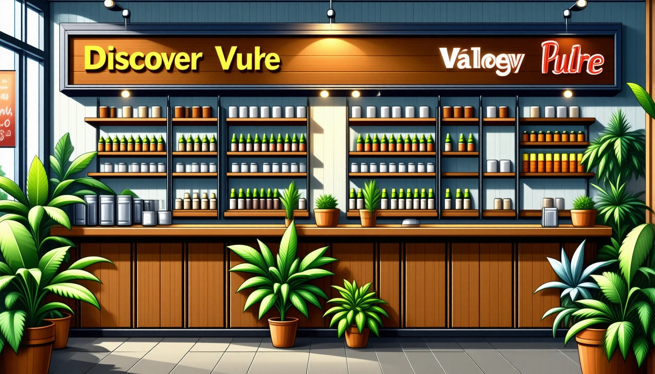 Wooden counter with potted plants in front, shelves filled with bottles and jars, overhead lights, signs reading "Discover Vute" and "Valegy Pultre"