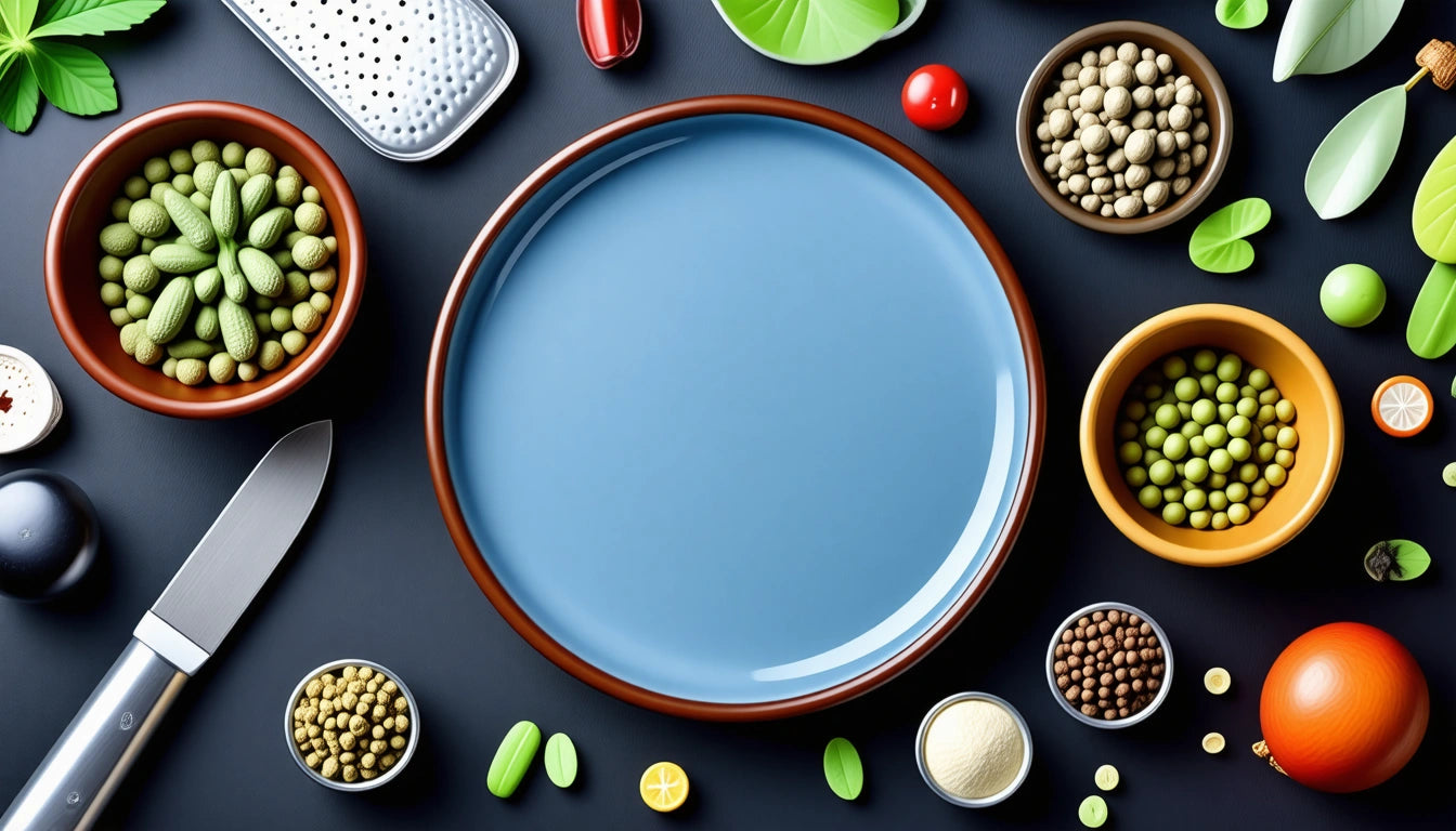 Blue plate surrounded by bowls of various seeds, a knife, grater, and vegetables on a dark surface