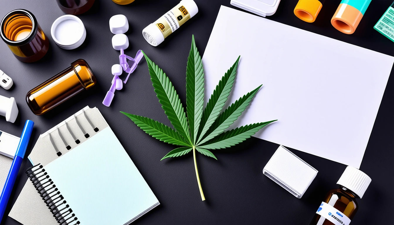 Cannabis leaf on black surface surrounded by pill bottles, notepad, pen, and blank paper