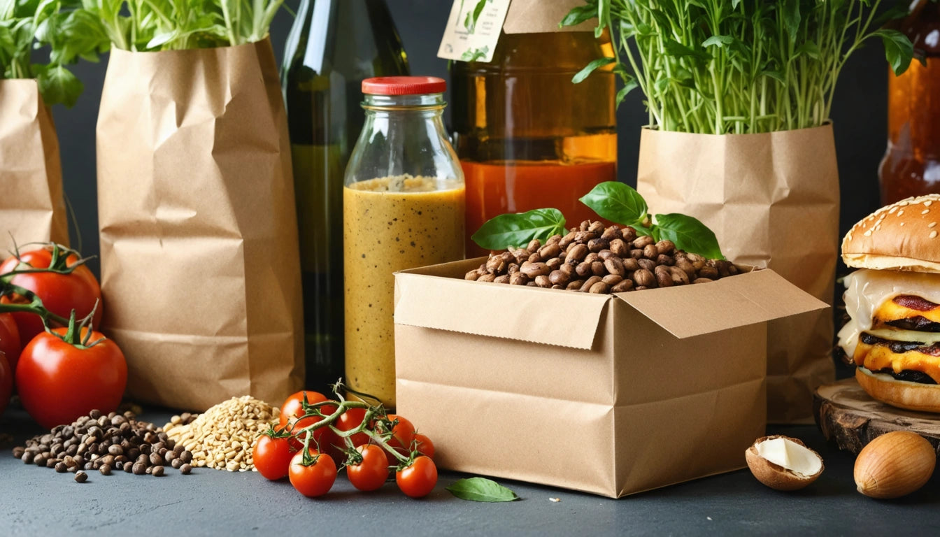 Brown paper bags with green plants, a jar of sauce, a box of beans, cherry tomatoes, and a burger on a dark surface