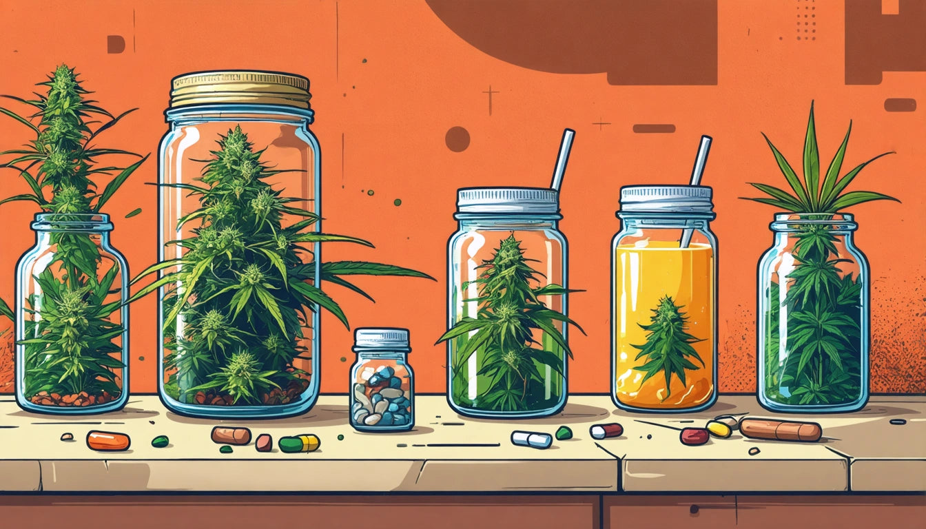 Jars with green plants and pills inside, lined up on a counter against an orange wall
