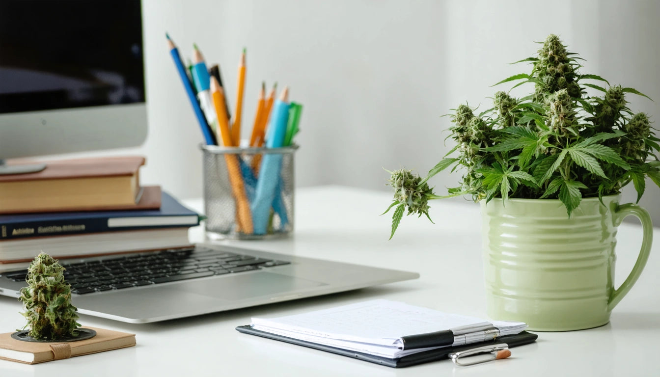 Laptop on desk with books, potted plant, notebook, pen, and cup holding colorful pencils in the background