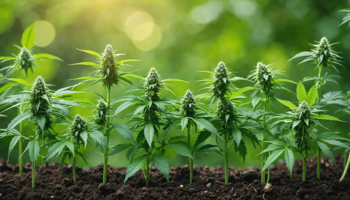 Rows of green cannabis plants with dense buds, growing in dark soil, against a blurred background of greenery and sunlight