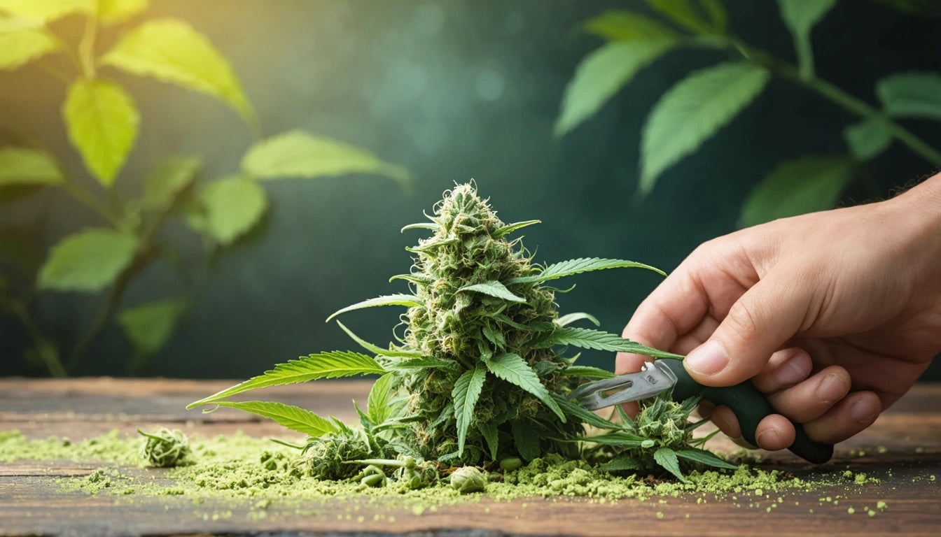 Hand holding scissors trimming a green plant with leaves on a wooden surface, blurred foliage in the background