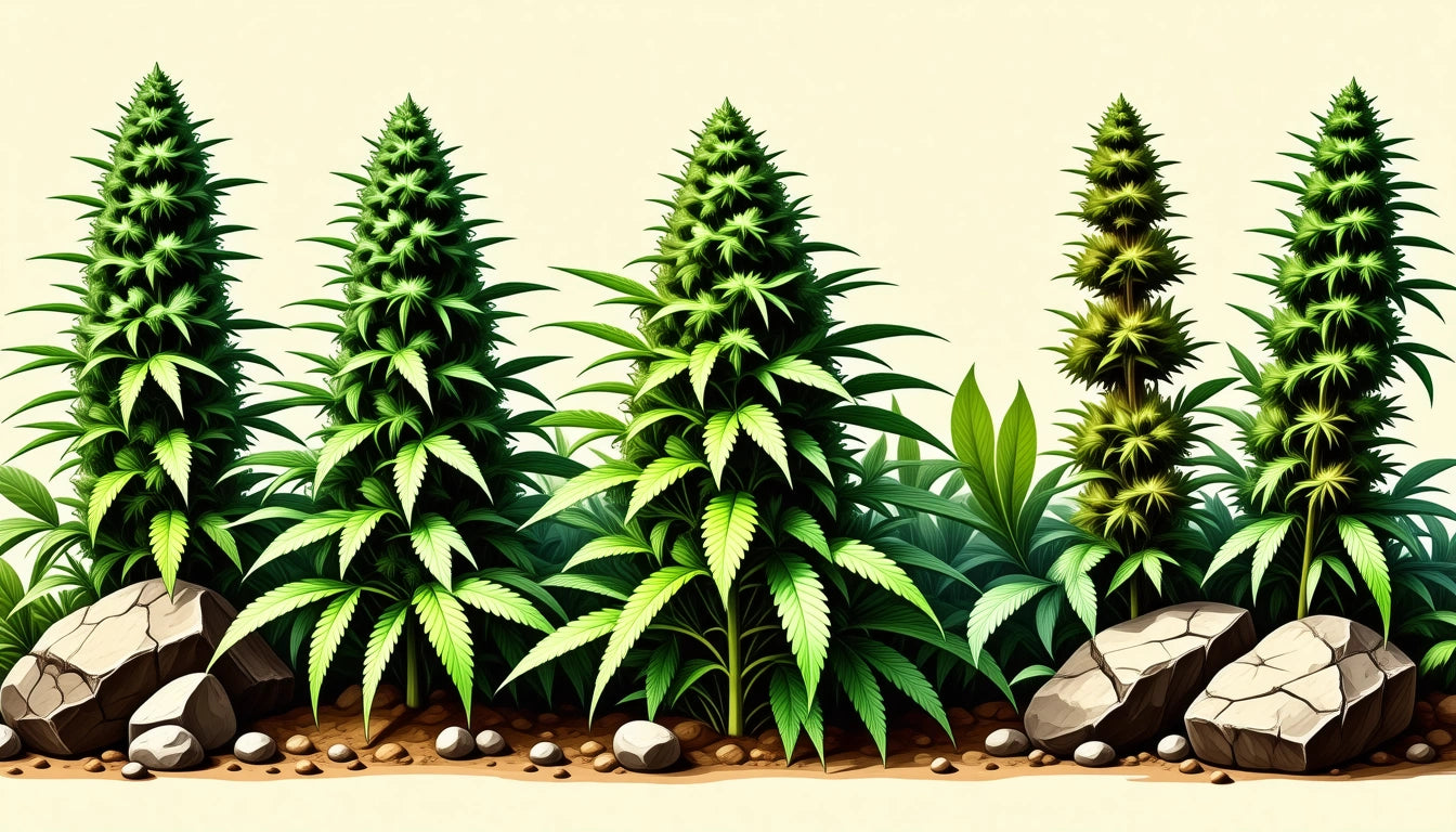 Tall, green plants with spiky leaves and clusters of buds, surrounded by rocks and small stones on the ground