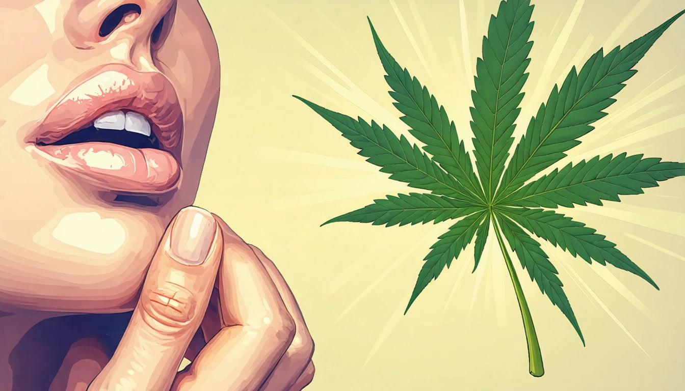 Close-up of a person's lips and hand near chin, with a large green leaf on the right against a light background