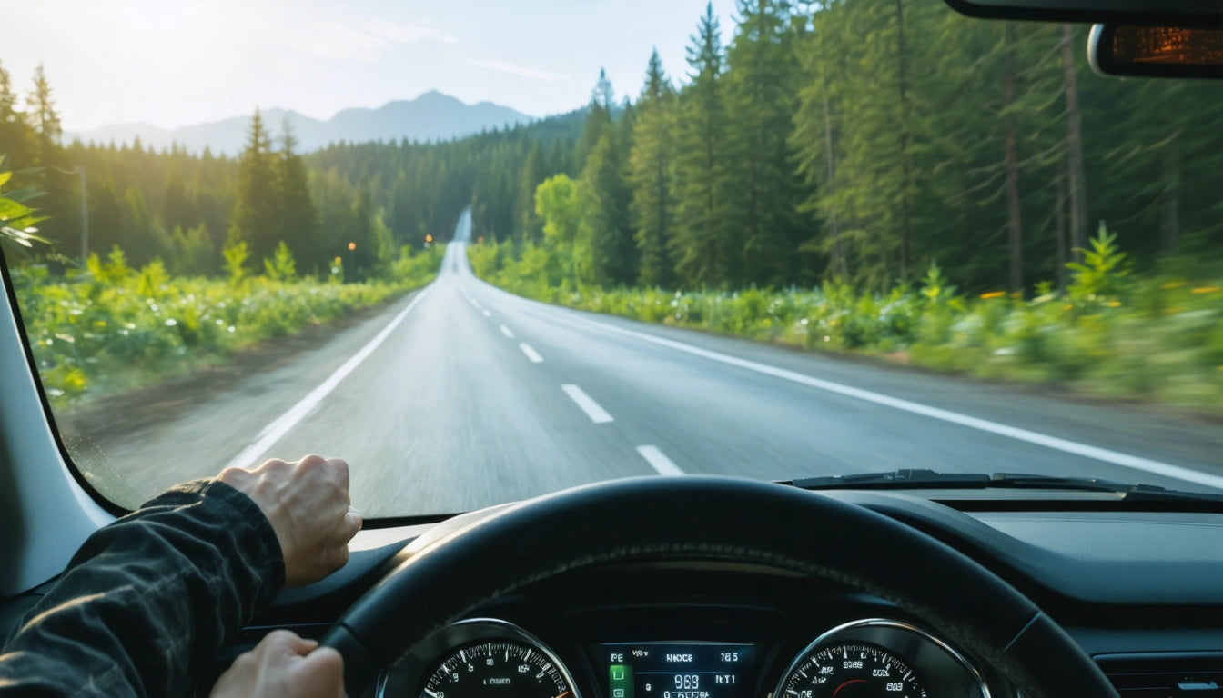 Hands on steering wheel, driving on a tree-lined road with mountains in the distance under a clear sky