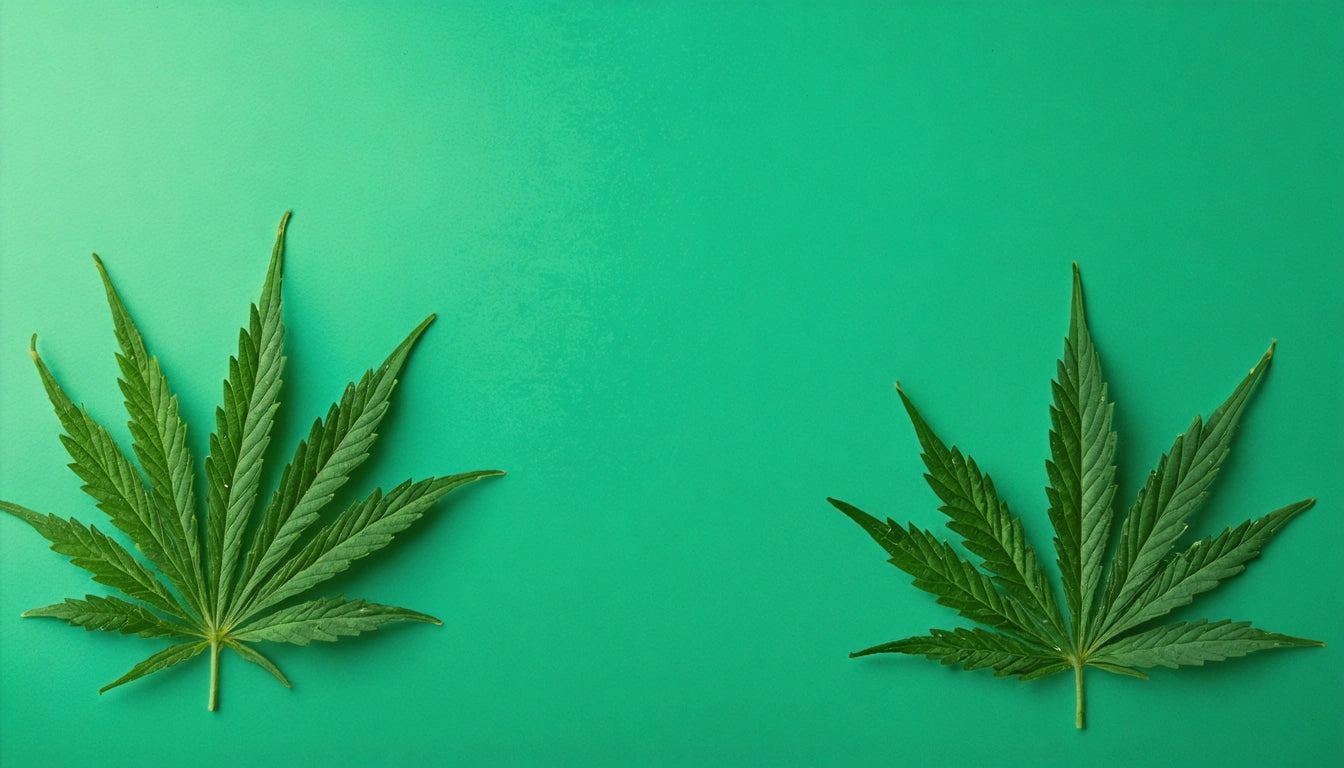 Two green leaves with serrated edges on a bright green background, positioned on the left and right sides