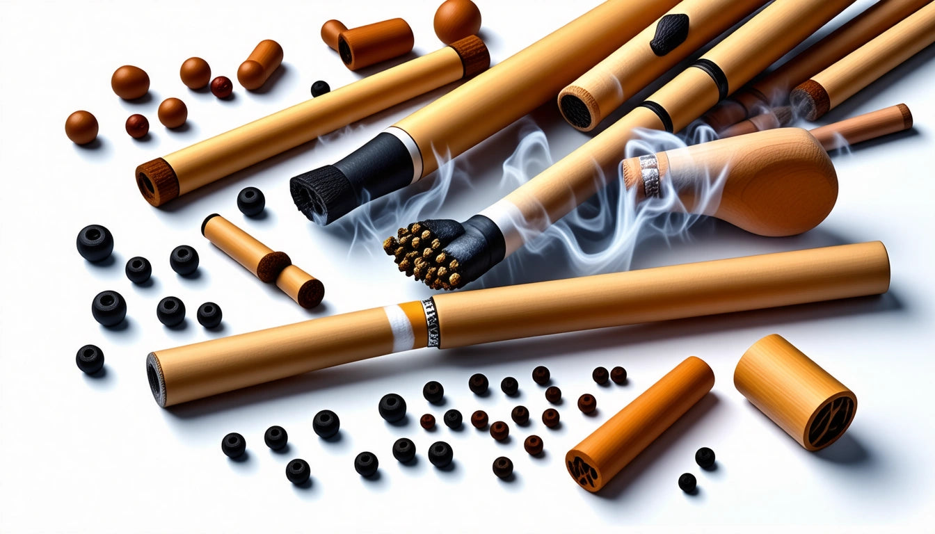 Wooden smoking pipes and accessories scattered on a white surface, with smoke rising from one pipe