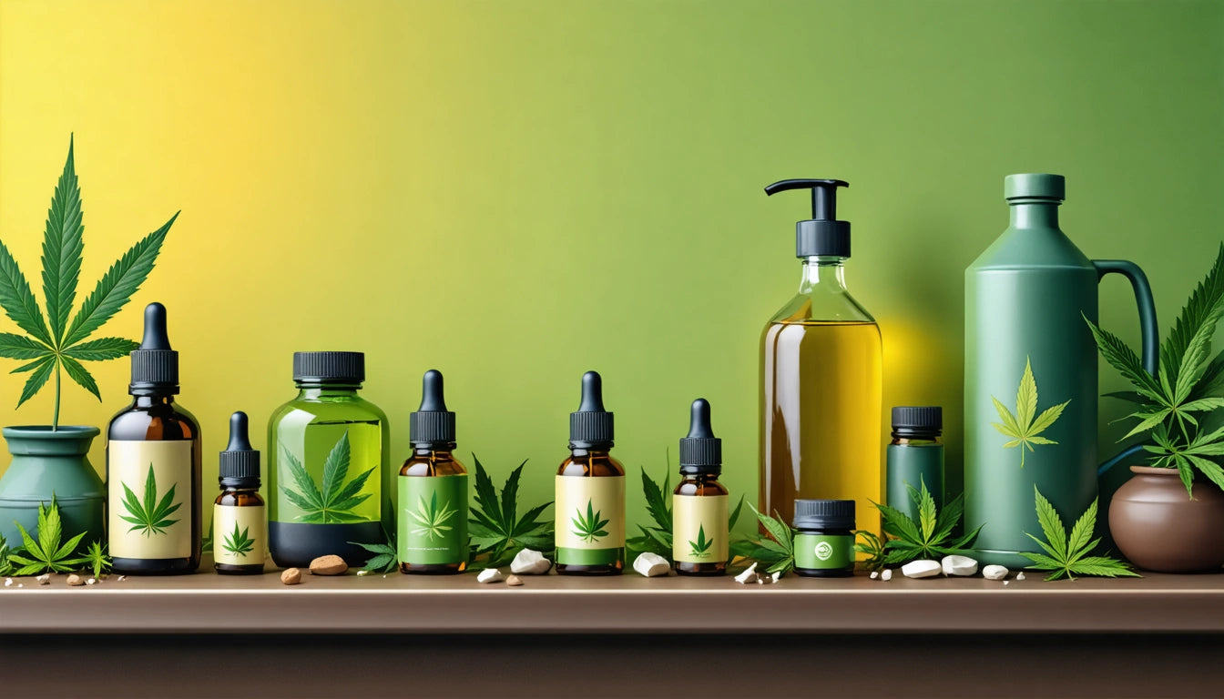 Bottles with cannabis leaf labels on a shelf, surrounded by leaves and small stones, against a green and yellow gradient background