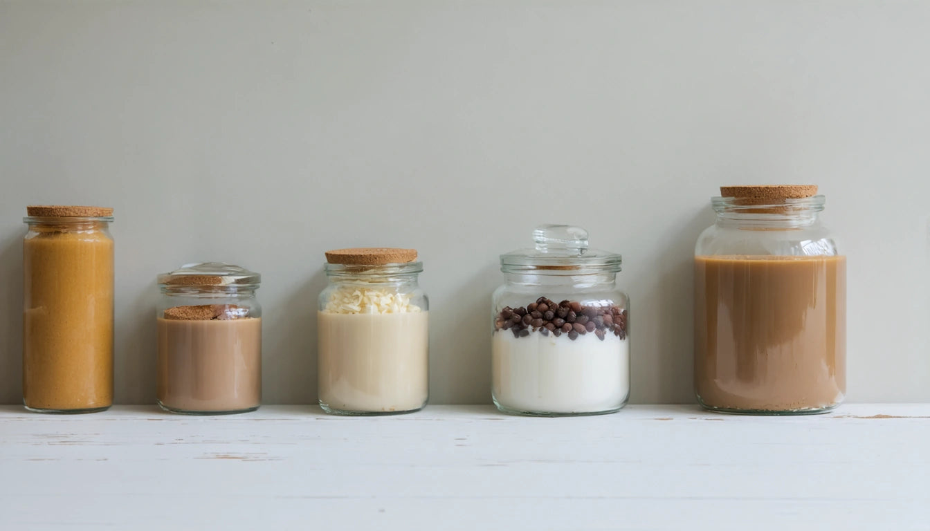 Five glass jars with cork lids on a white surface, filled with various powders and liquids in shades of brown and white