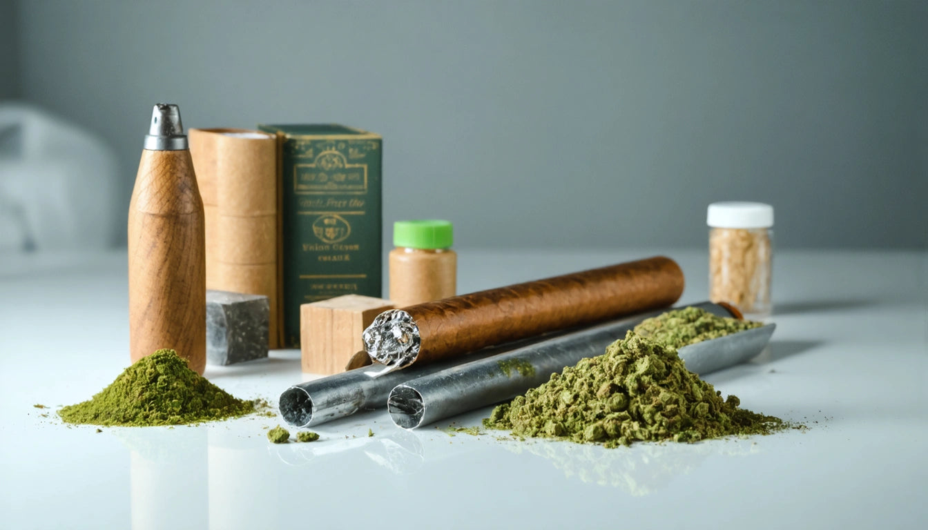Wooden and metal containers with green powder, two cylindrical objects, and small jars on a white surface
