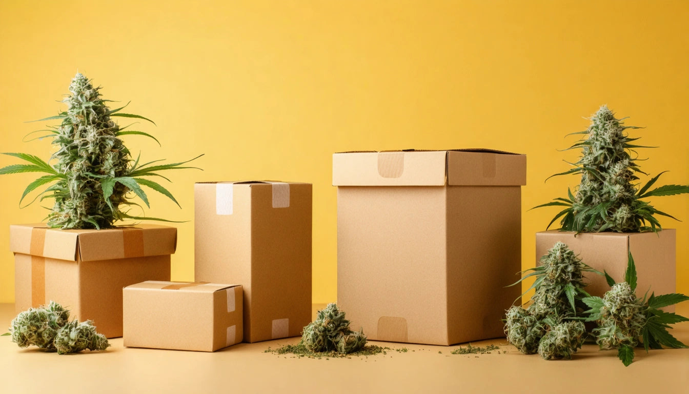 Cardboard boxes and cannabis plants on a yellow background, with scattered buds and leaves on the surface