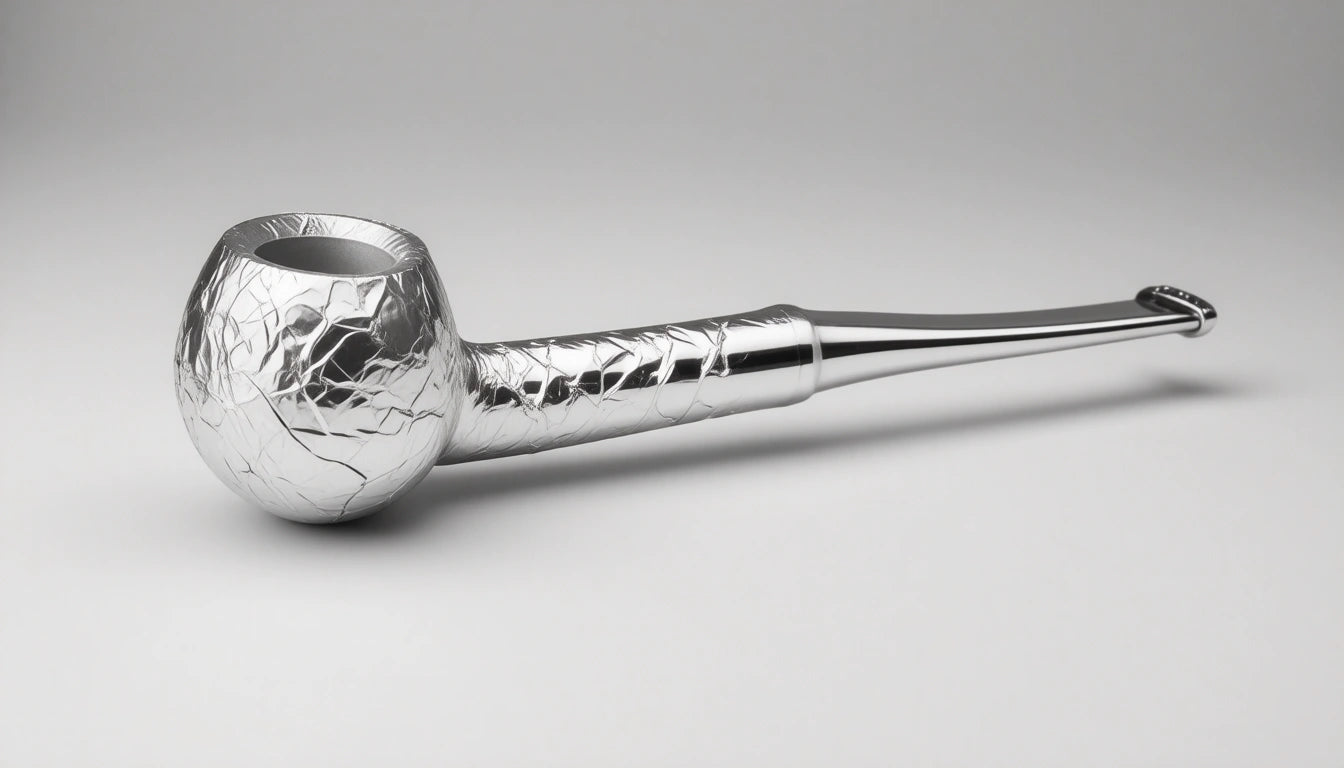 Silver pipe with a textured, crumpled surface on a plain gray background