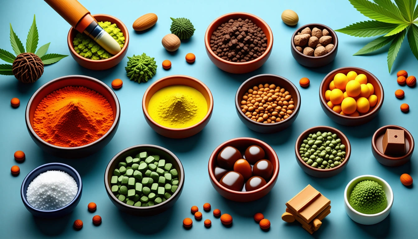 Various bowls with colorful powders, seeds, and nuts on a blue surface, surrounded by scattered pills and leaves