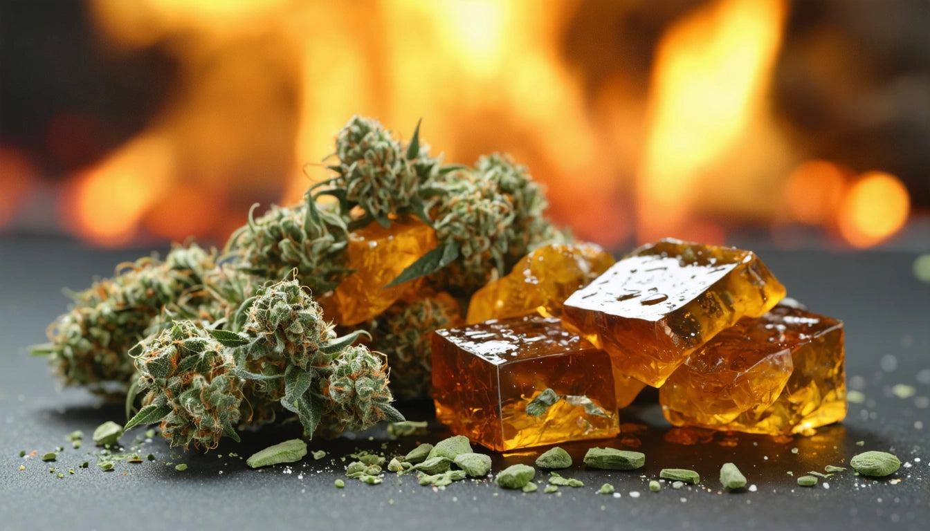 Orange translucent cubes and green plant buds on a dark surface, with a blurred fiery background