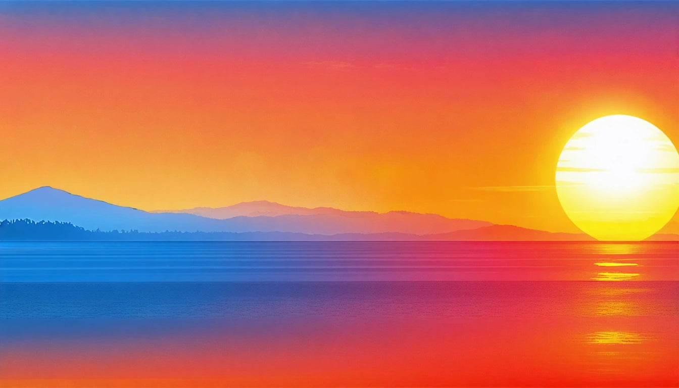 Vibrant sunset over calm water, large sun on right, mountains silhouetted on left, sky transitions from orange to blue