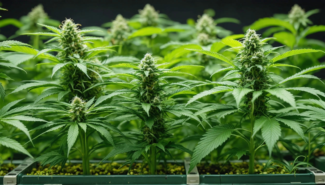 Green plants with dense clusters of leaves and buds, arranged in rows on a tray with small yellow pebbles