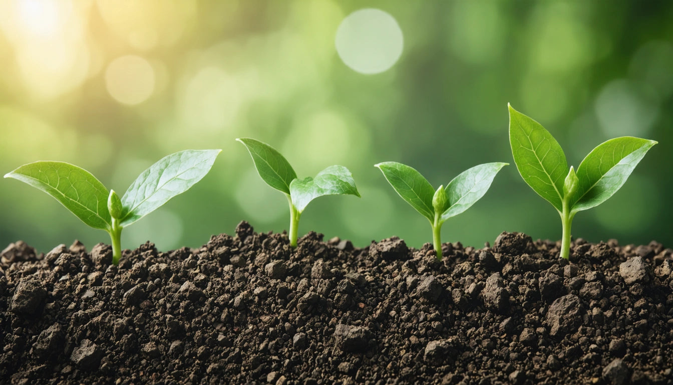 Four small green seedlings sprouting from dark soil, with a blurred green and yellow background