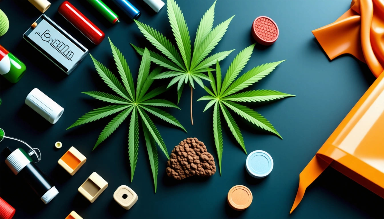 Three green leaves and a brown textured object surrounded by colorful containers and objects on a dark surface