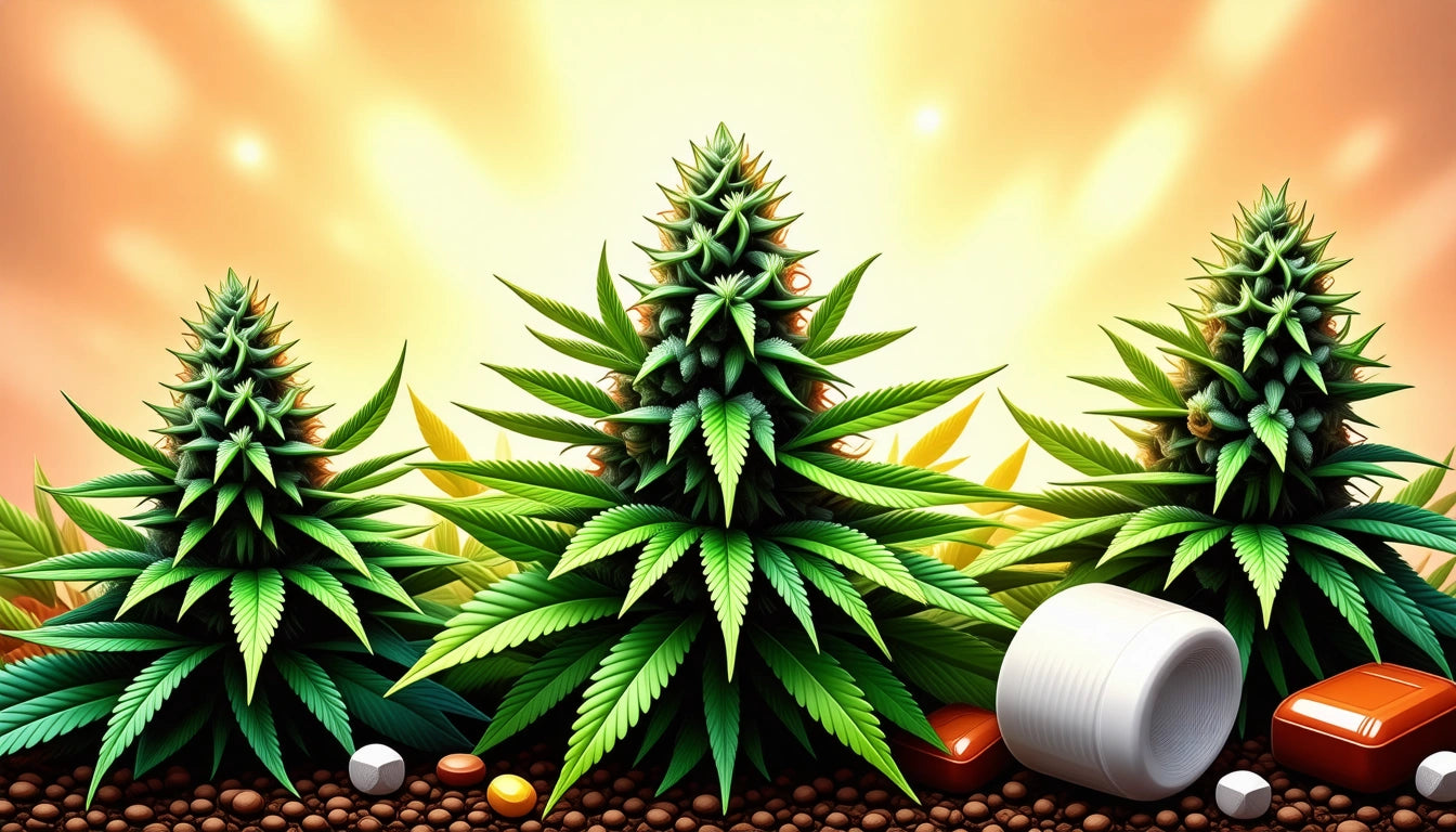 Three lush green plants with pointed leaves, surrounded by small brown pebbles, pills, and a white pill bottle, against a glowing background