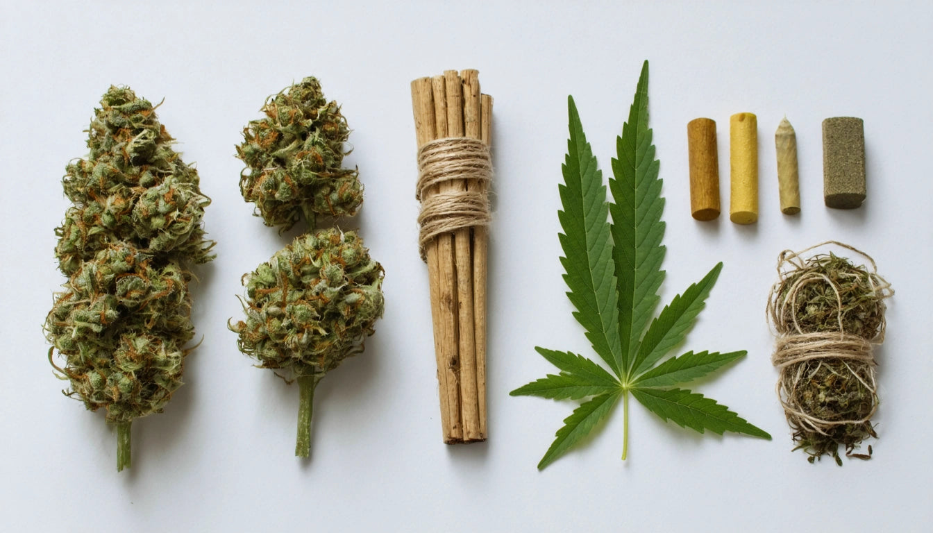 Three cannabis buds, cinnamon sticks, cannabis leaf, yellow and brown cylinders, rolled paper, and twine-wrapped bundle