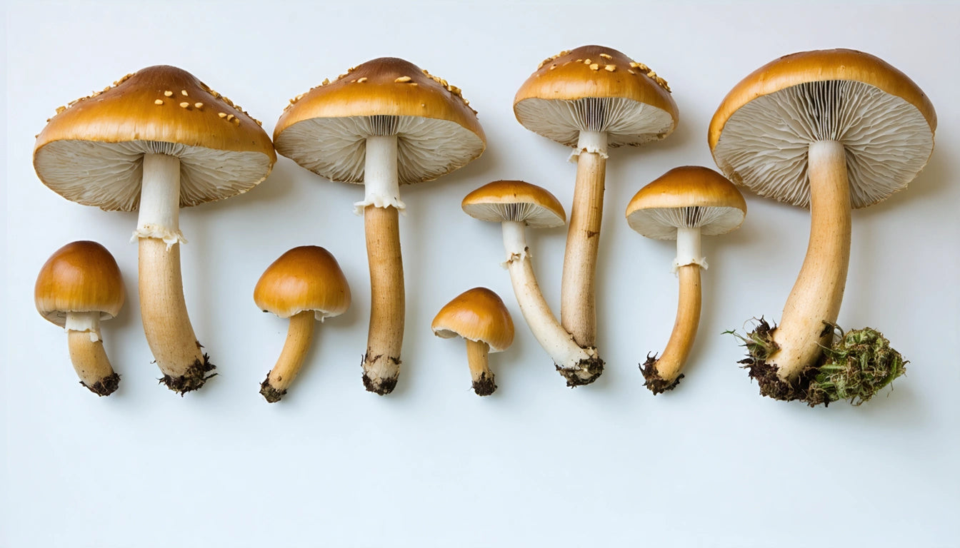 Seven brown mushrooms with white stems arranged in a row on a white background