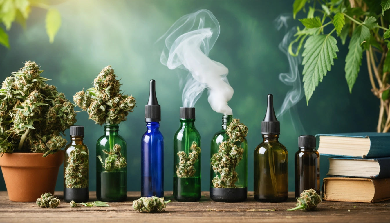 Glass bottles with droppers, filled with green buds, smoke rising from one, surrounded by potted plant and stacked books