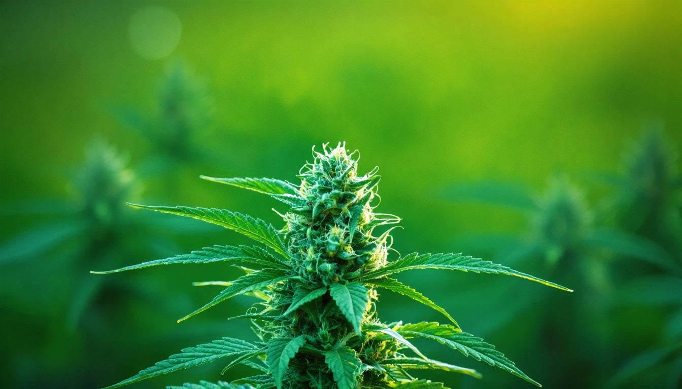 Green plant with pointed leaves and a dense, spiky cluster in the center, set against a blurred green background