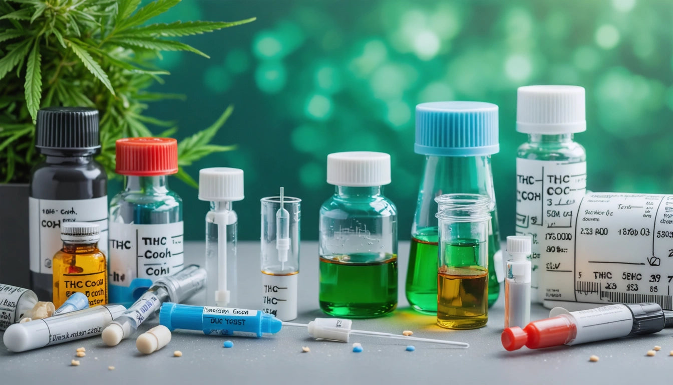Various vials and syringes with colored liquids on a table, green plant leaves in the background