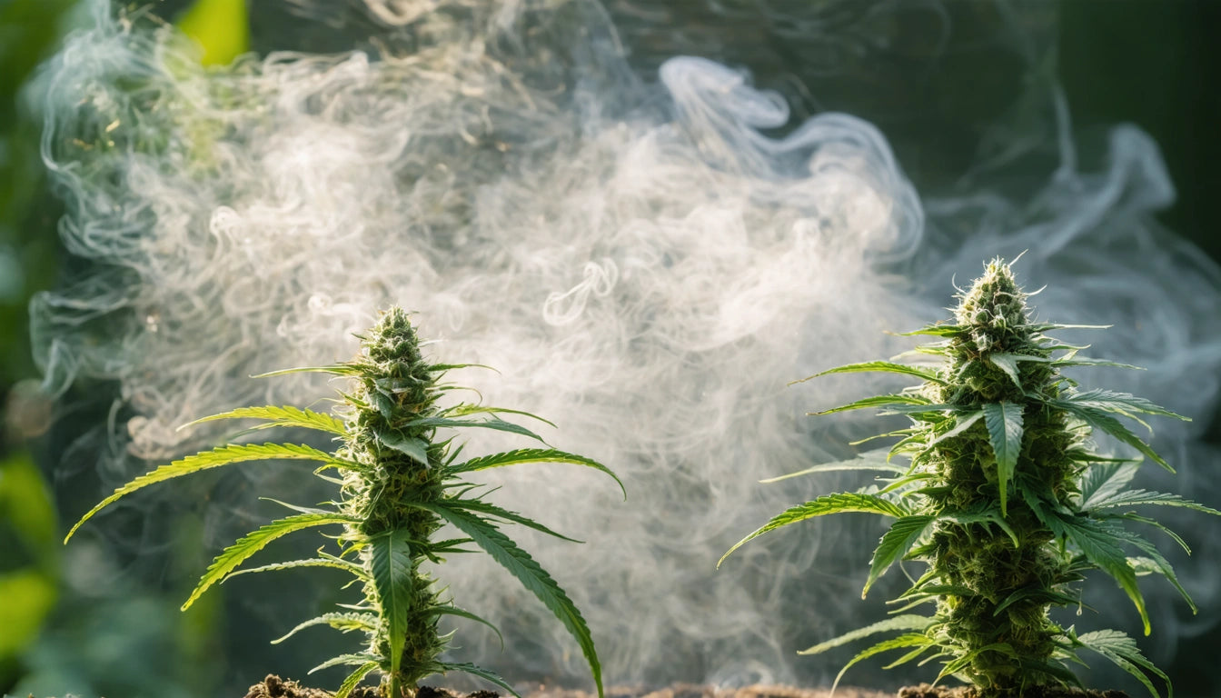 Two tall plants with pointed leaves, surrounded by swirling white smoke against a blurred green background