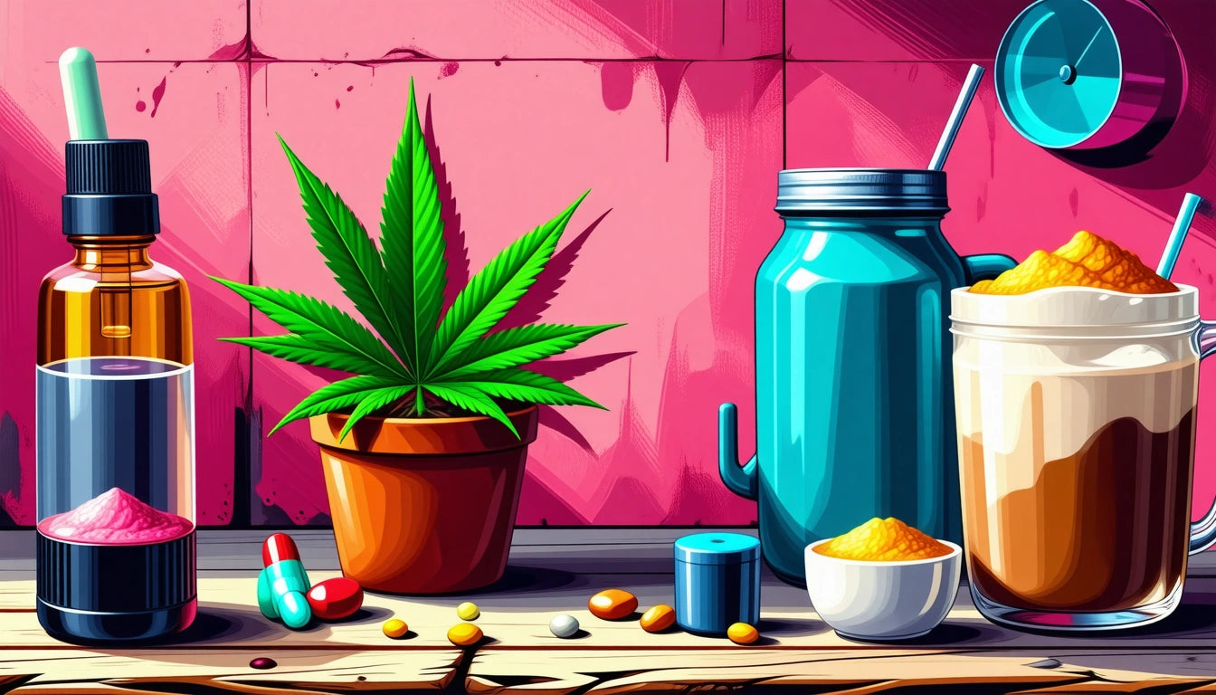 Potted plant with large leaves, dropper bottle, capsules, pills, blue jar with straw, and two drinks on a wooden surface