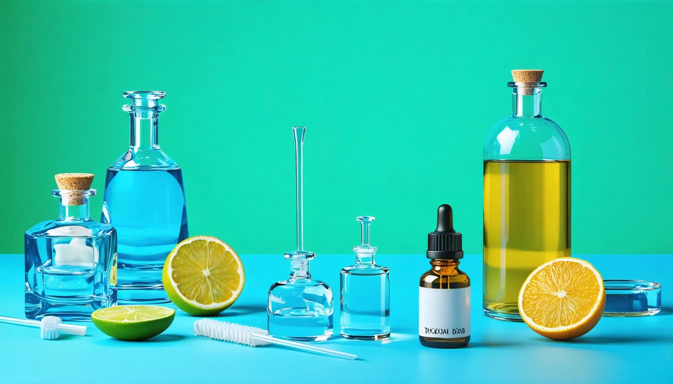 Glass bottles with blue and yellow liquids, sliced citrus fruits, dropper bottle, pipettes, and a green background